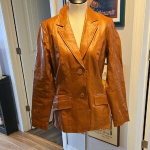 Chadwicks Leather Blazer Cognac Color Ladies 8 Tall Fitted